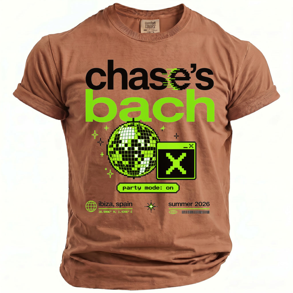 Brown t-shirt with "chase's bach", disco ball, and "party mode: on" graphic.