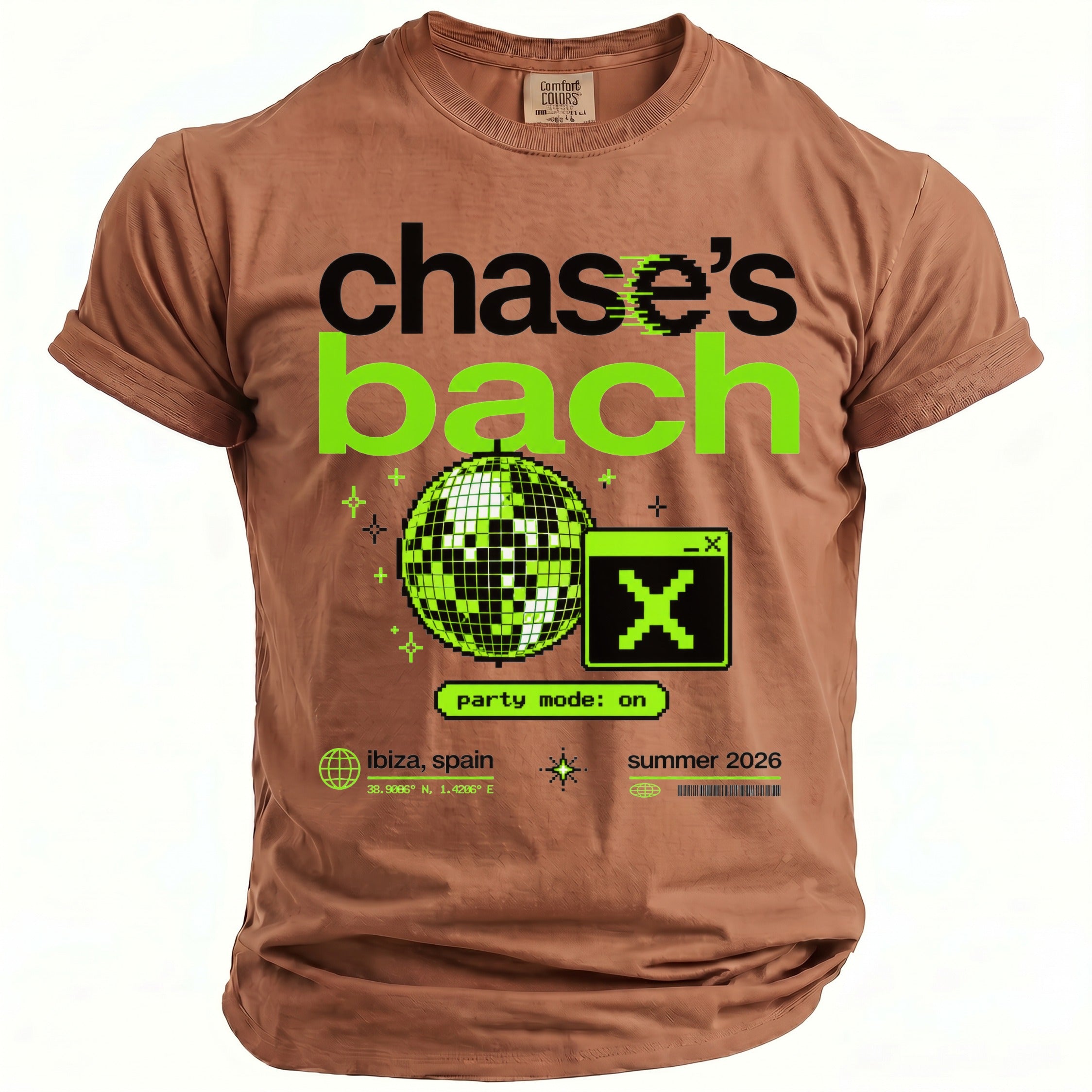 Brown t-shirt with "chase's bach", disco ball, and "party mode: on" graphic.