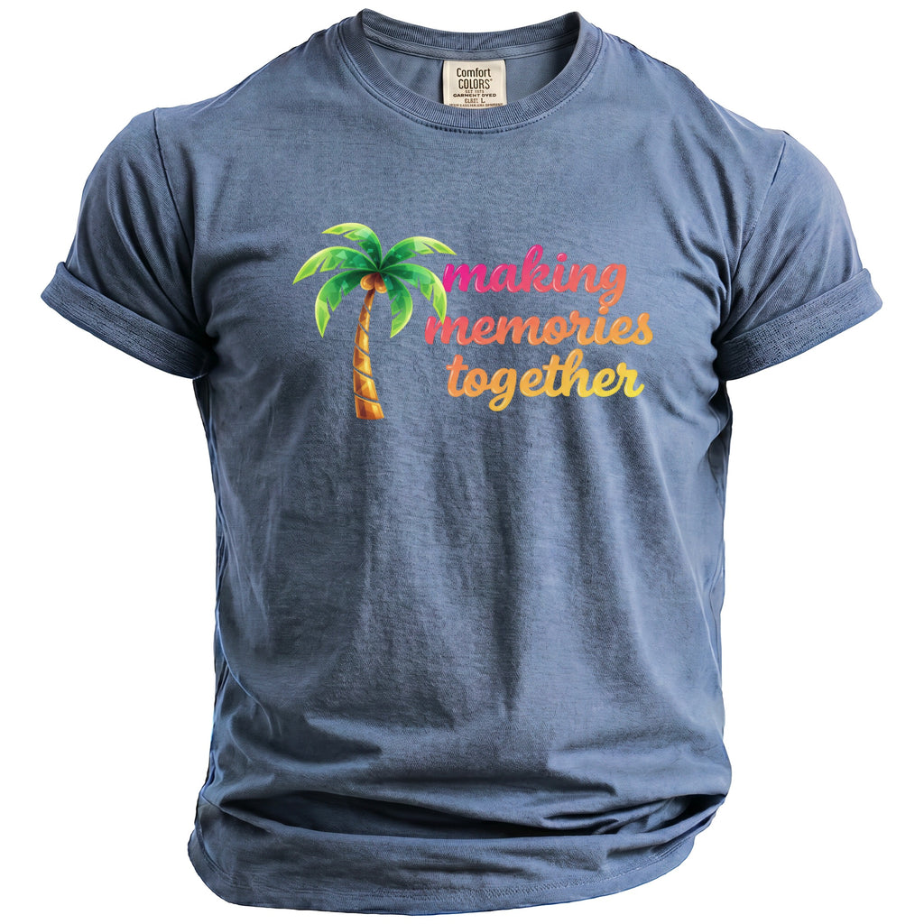 Blue t-shirt with a palm tree graphic and text "making memories together."
