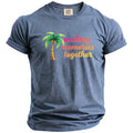 Blue t-shirt with a palm tree graphic and text "making memories together."