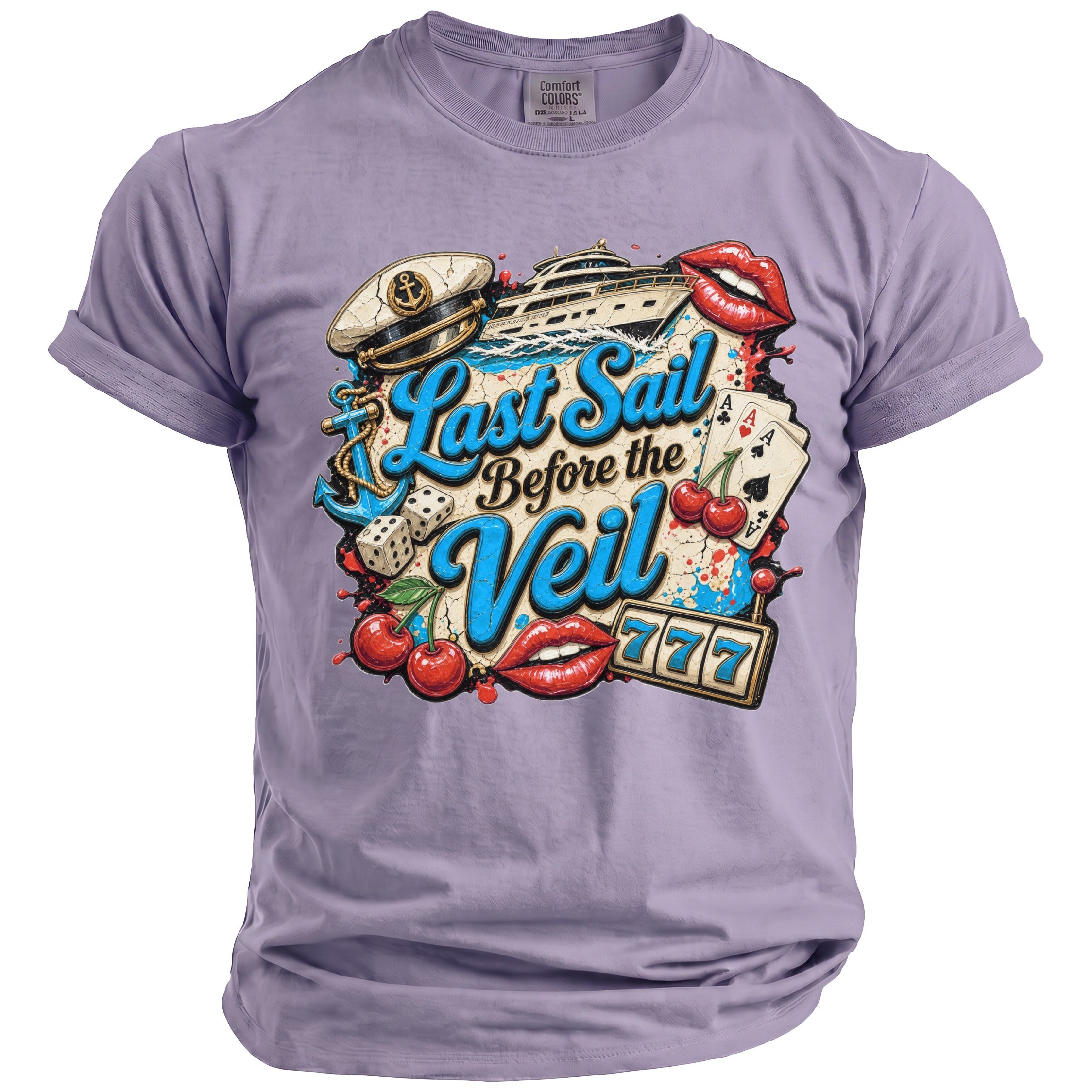 Light purple crewneck t-shirt featuring a nautical and bachelorette themed graphic with the text Last Sail Before the Veil.
