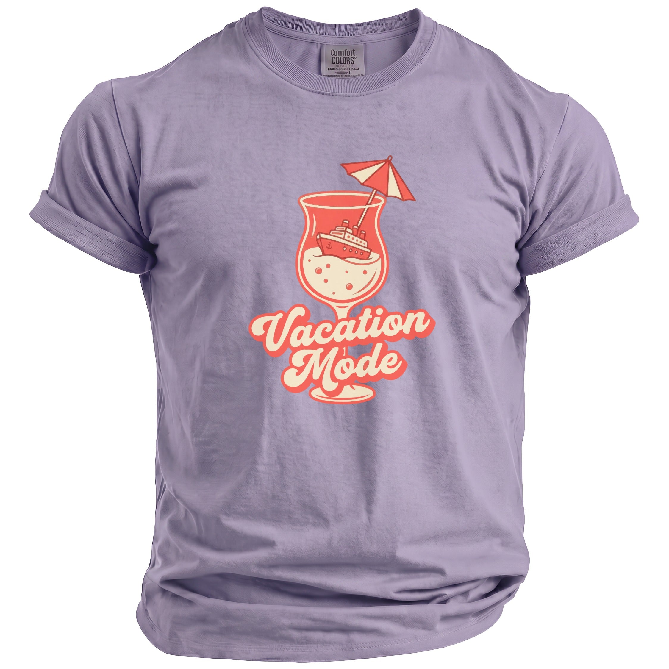 Lavender t-shirt with a cocktail glass graphic and "Vacation Mode" text.