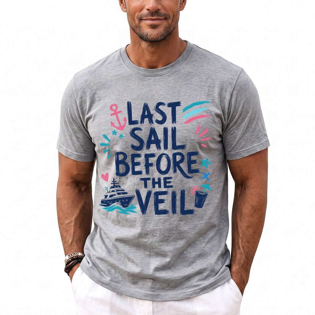 A man wearing a grey t-shirt featuring the blue text Last Sail Before the Veil.