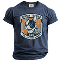 Navy t-shirt with Boston Terrier "Dad Built for Speed & Snorts" graphic.