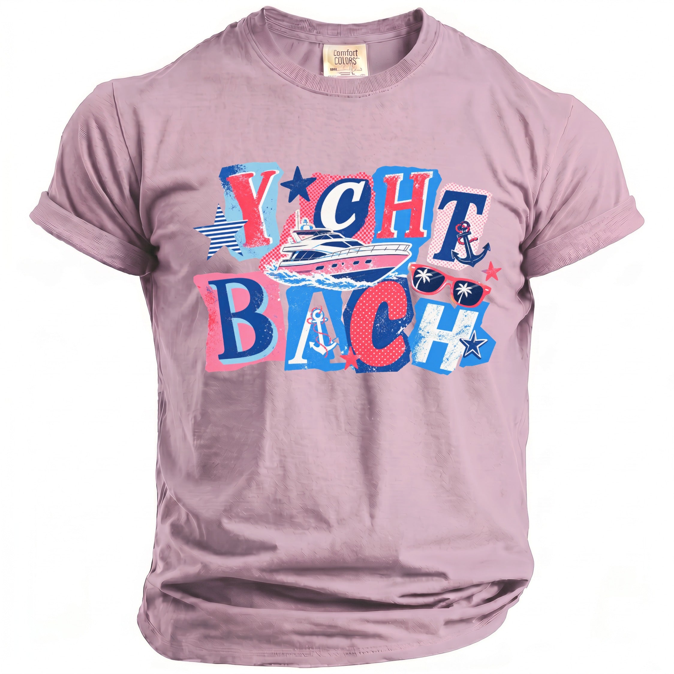 A mauve crewneck t-shirt features a colorful nautical-themed graphic with the text YACHT BACH and illustrations of a boat, sunglasses, anchors, and stars.
