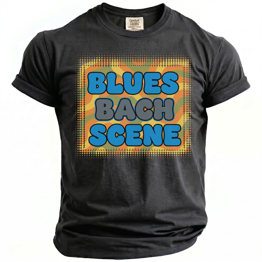 Black t-shirt with "Blues Bach Scene" text in blue and gray bubble letters.