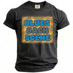 Black t-shirt with "Blues Bach Scene" text in blue and gray bubble letters.