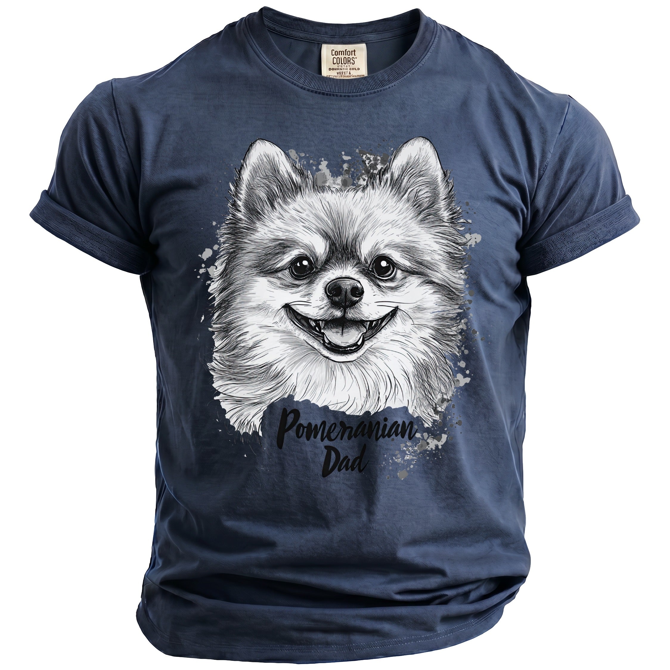 Navy t-shirt with a sketch of a smiling Pomeranian and "Pomeranian Dad" text.
