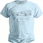 Light blue t-shirt with a line drawing of a convertible and text.
