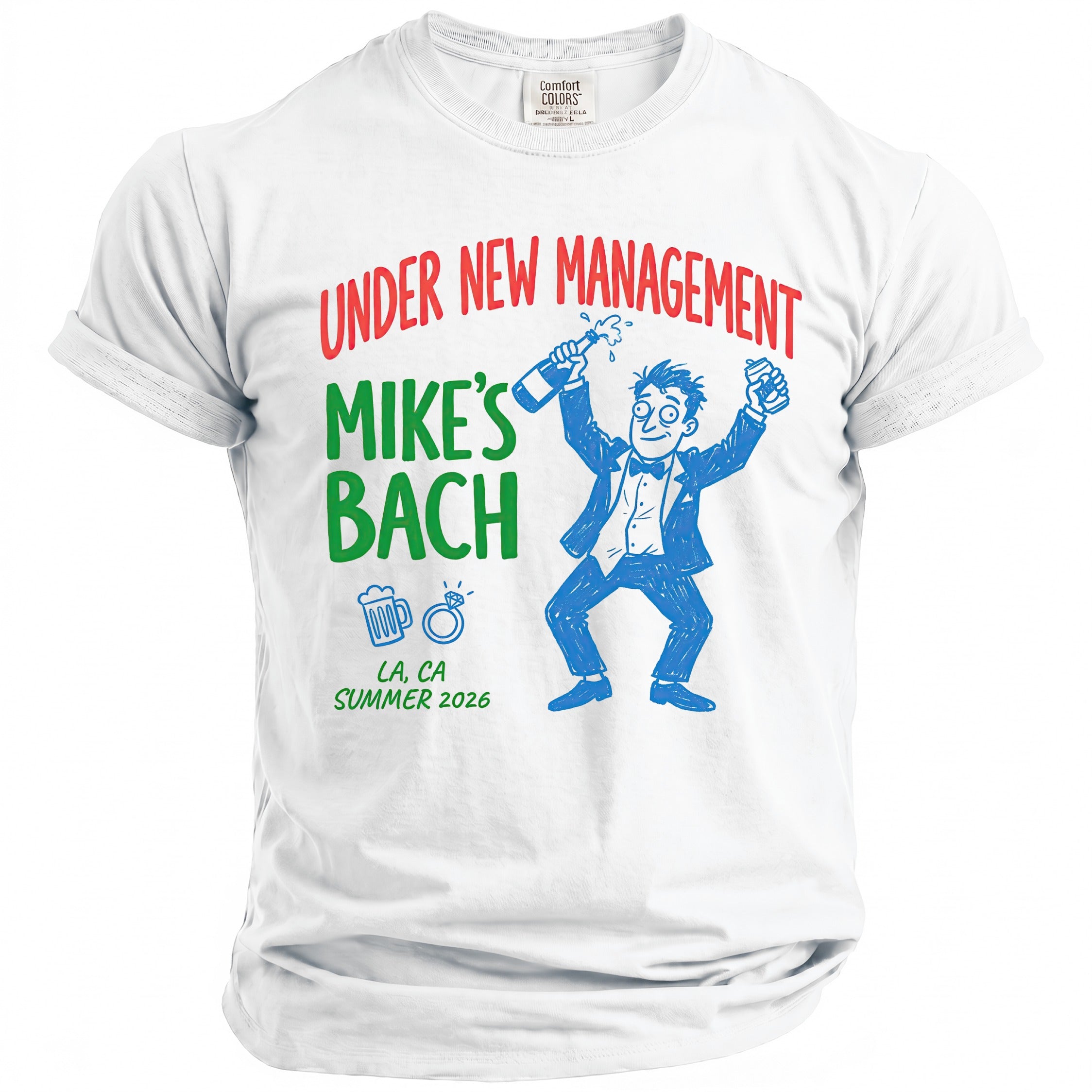 White t-shirt with "Under New Management Mike's Bach" and cartoon character.