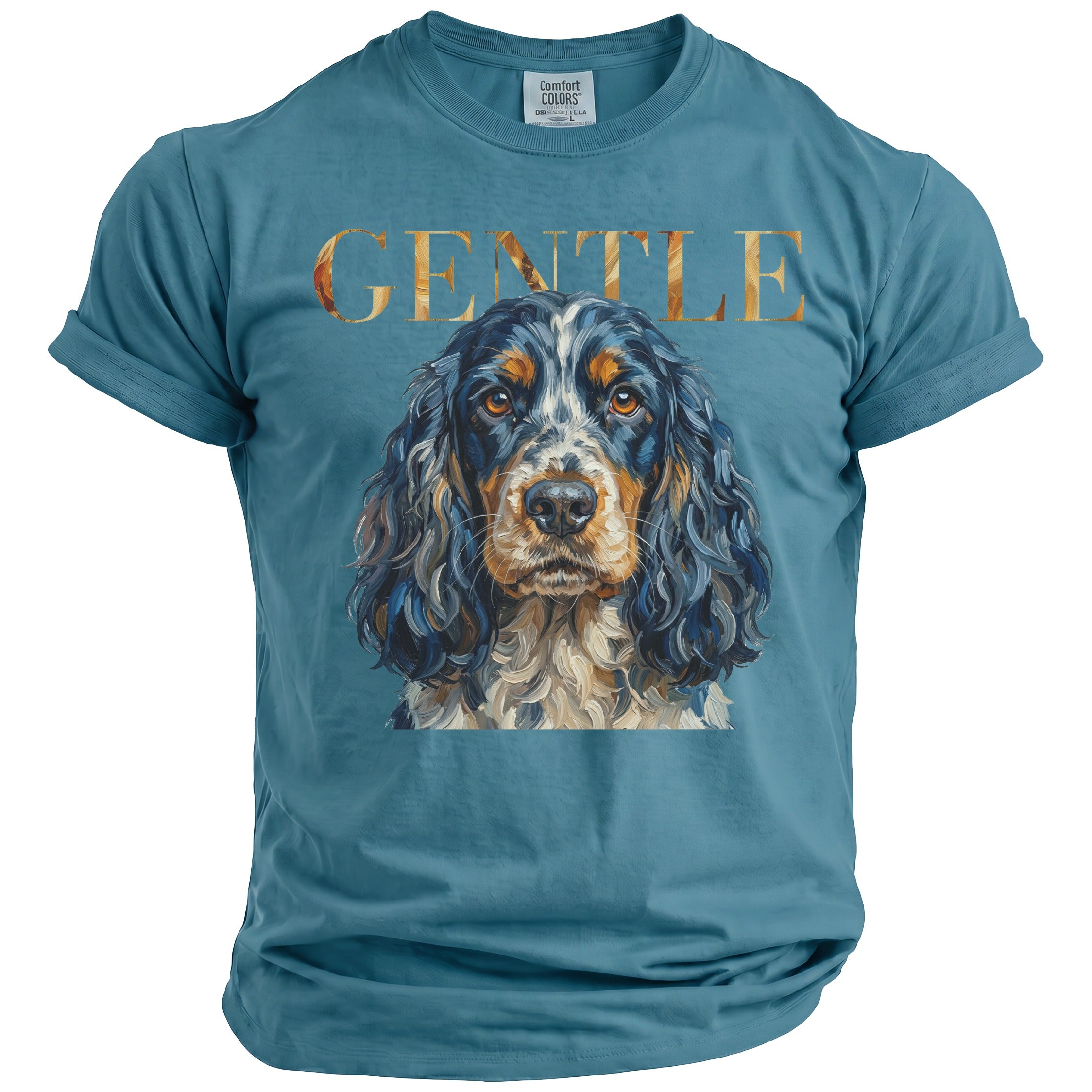 Teal t-shirt with a painting of a Cocker Spaniel dog and the word "GENTLE".