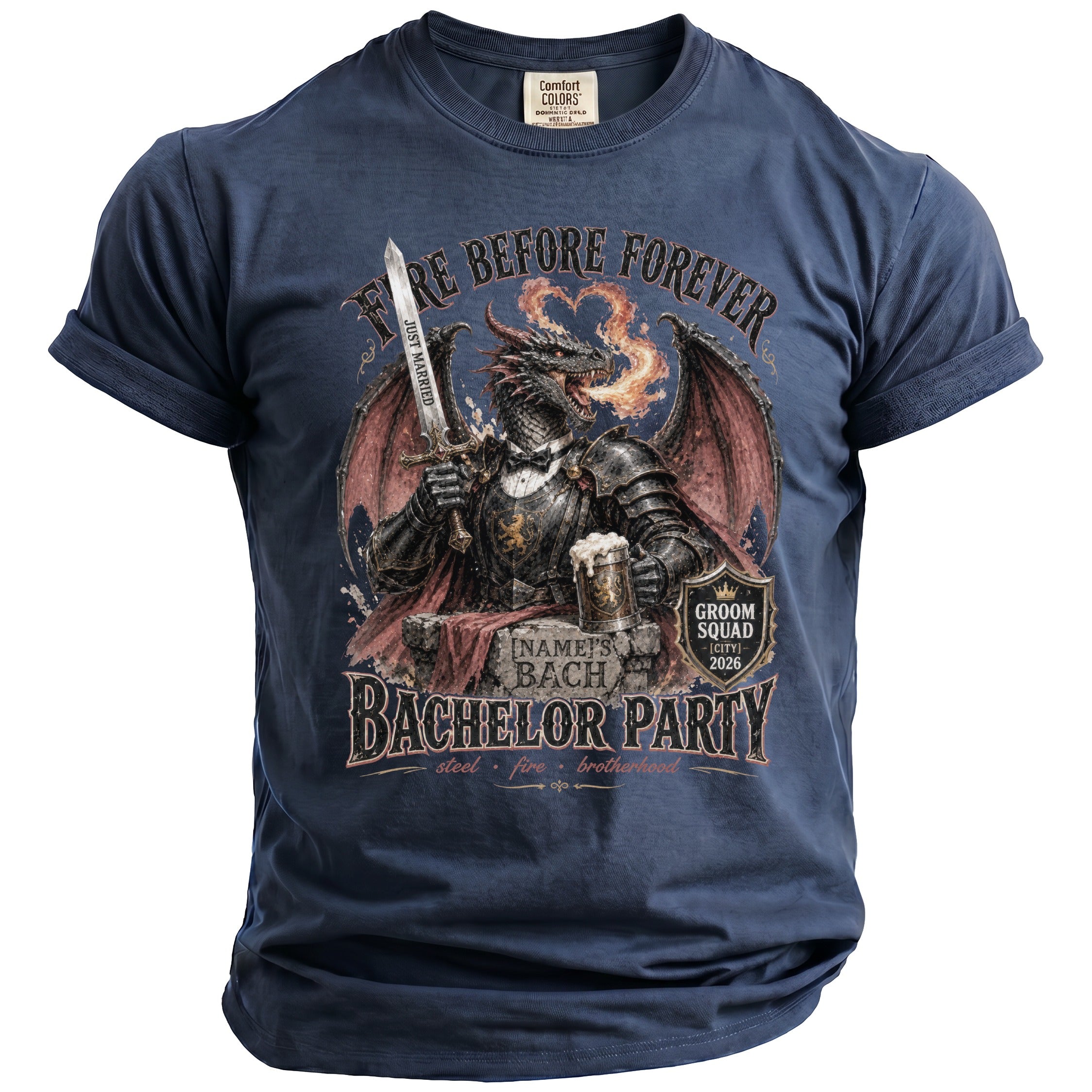 Dark blue t-shirt with a dragon graphic for a bachelor party.