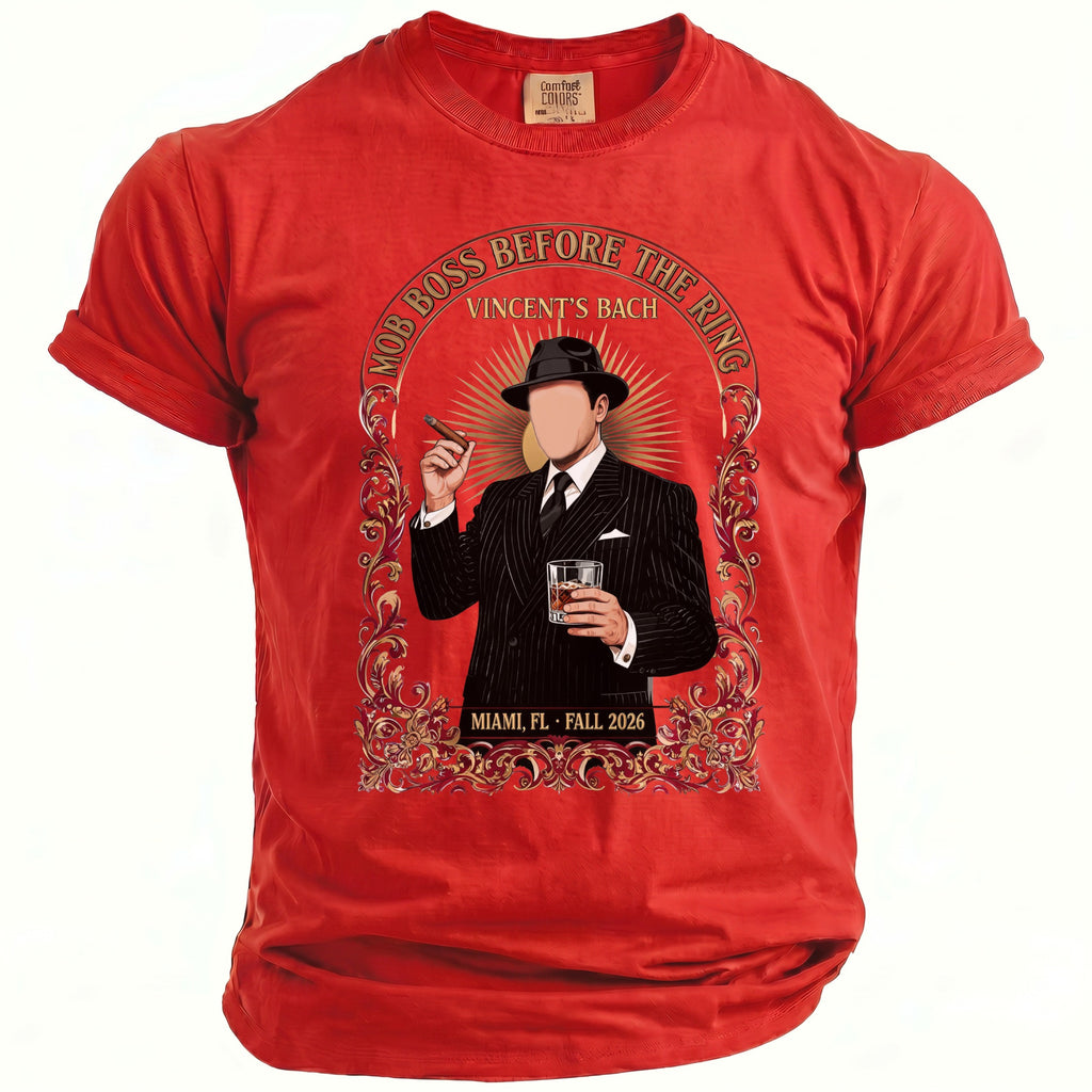 Red t-shirt with "Mob Boss Before the Ring" graphic and "Vincent's Bach Miami, FL Fall 2026".
