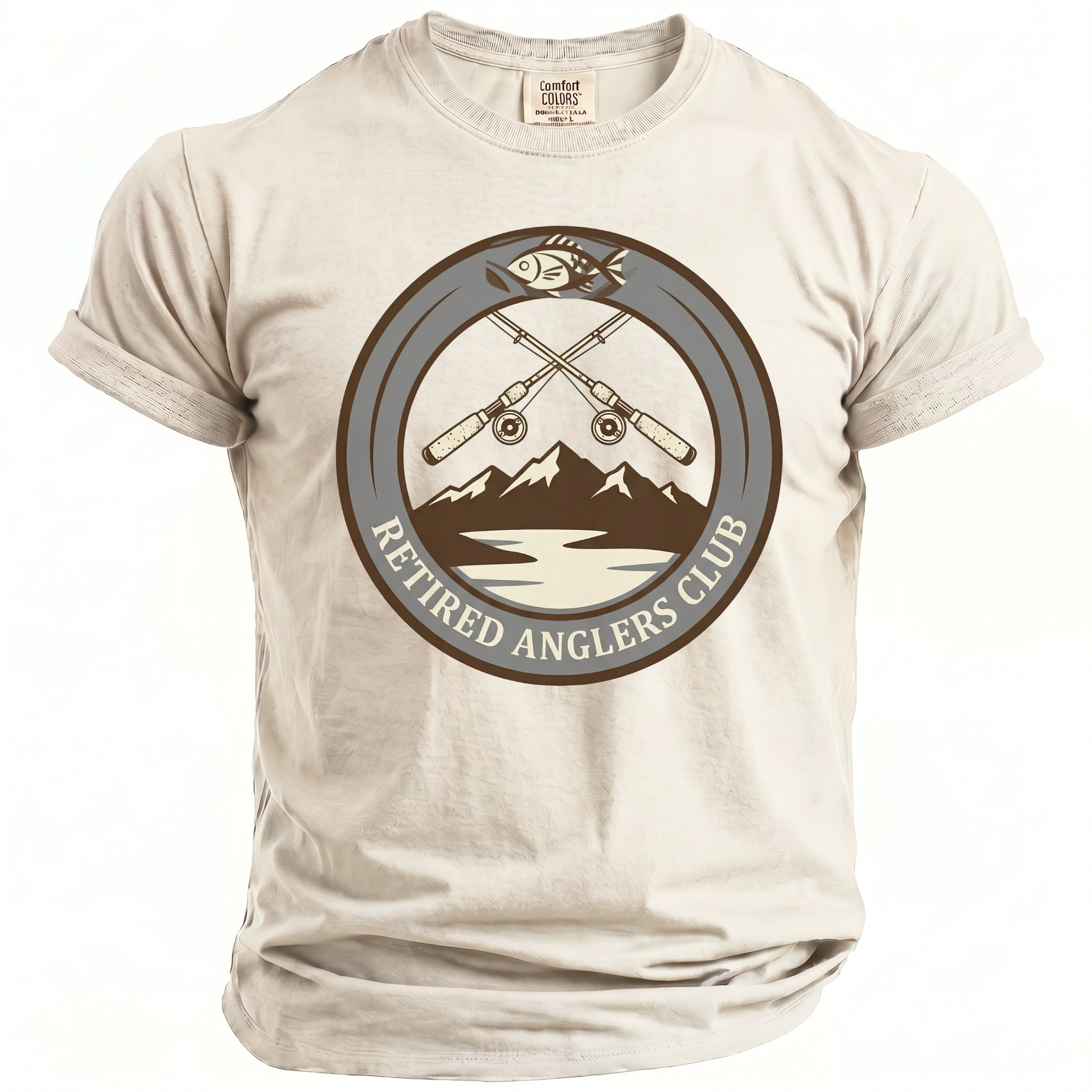 T-shirt with a circular fishing graphic that reads "Retired Anglers Club."