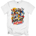 White t-shirt with a graphic featuring a bust wearing sunglasses, holding a paintbrush, and the text "MAKE ART NOT WAR."