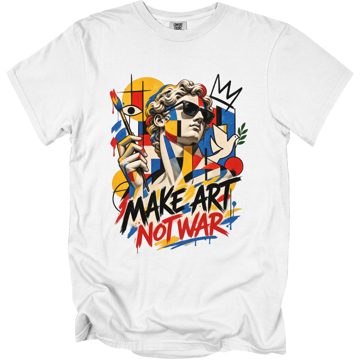 White t-shirt with a graphic featuring a bust wearing sunglasses, holding a paintbrush, and the text "MAKE ART NOT WAR."