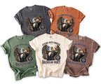 T-shirts featuring an eagle in a suit holding a beer bottle and ring, with "Flying Into Forever Bachelor Party" text.