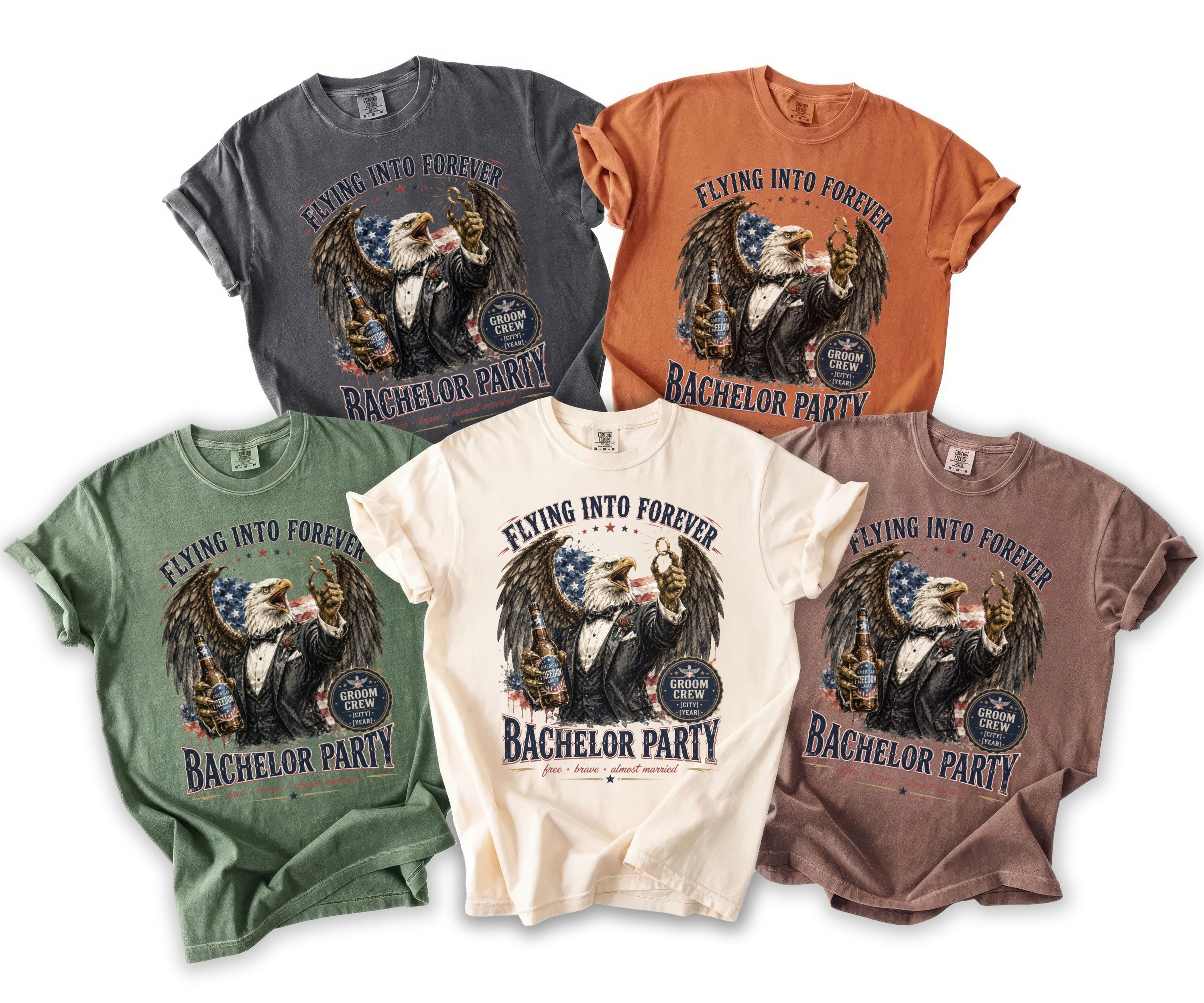 T-shirts featuring an eagle in a suit holding a beer bottle and ring, with "Flying Into Forever Bachelor Party" text.