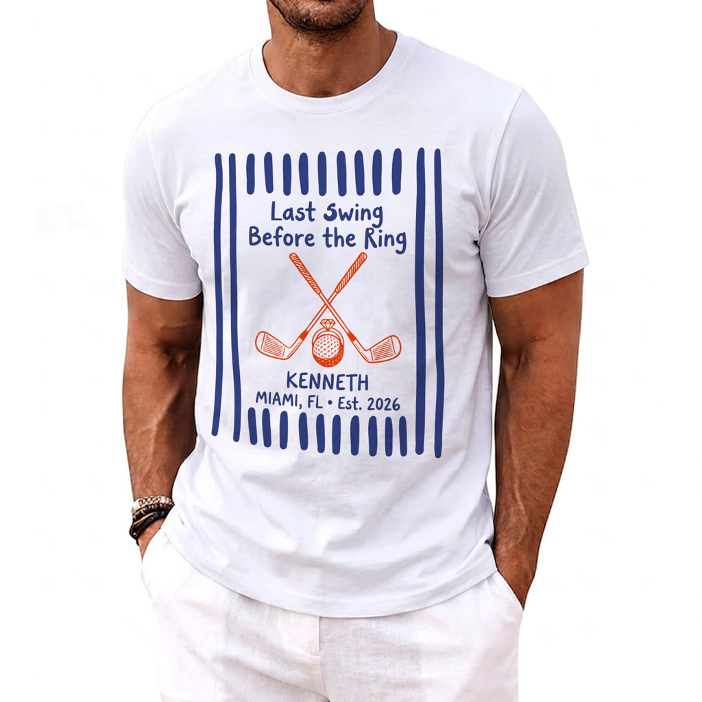 White t-shirt with "Last Swing Before the Ring" text, golf clubs, ring, and name Kenneth.