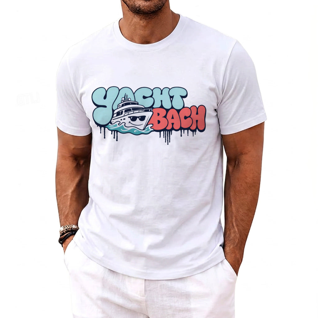 White t-shirt with "Yacht Bach" graphic featuring a boat and dripping letters.