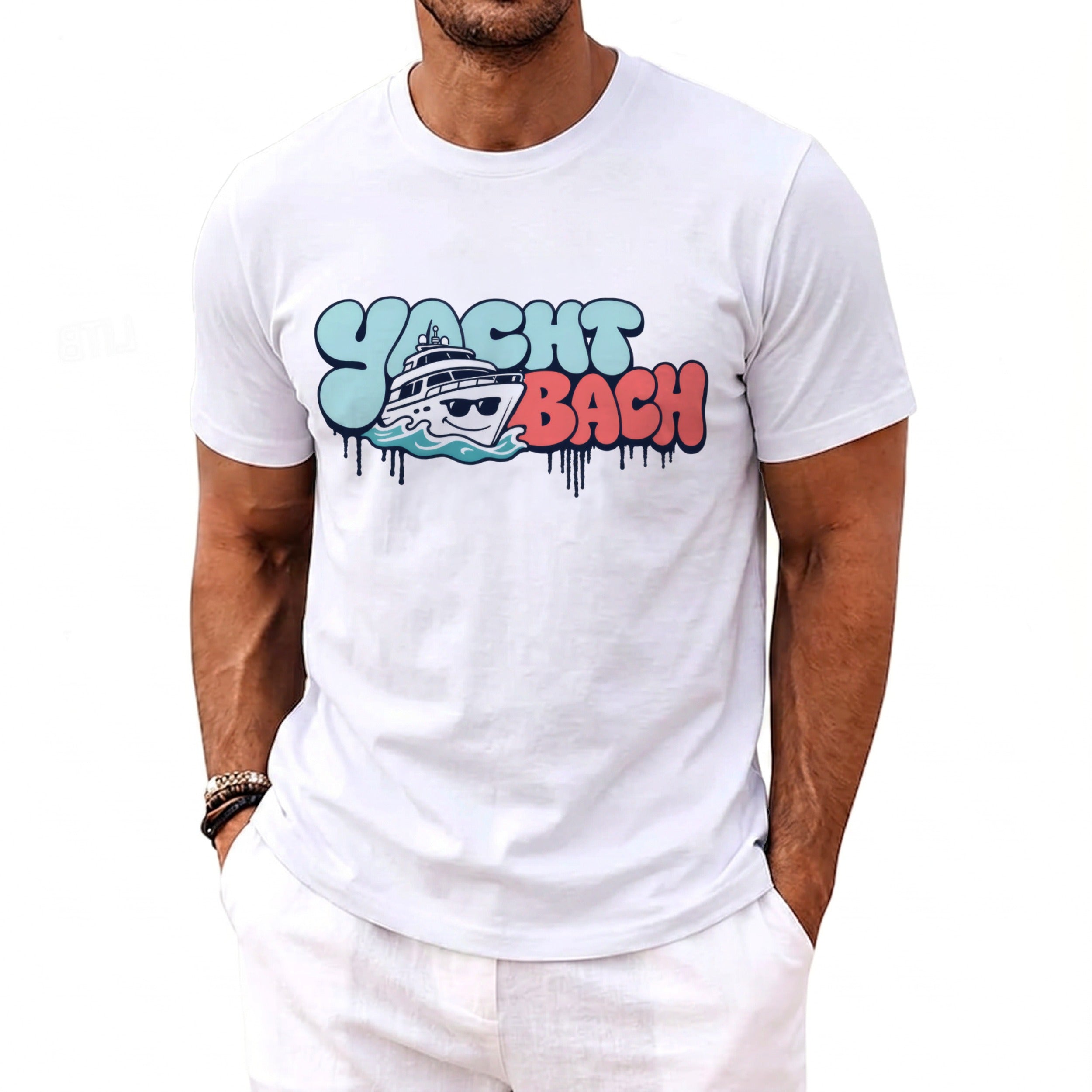 White t-shirt with "Yacht Bach" graphic featuring a boat and dripping letters.