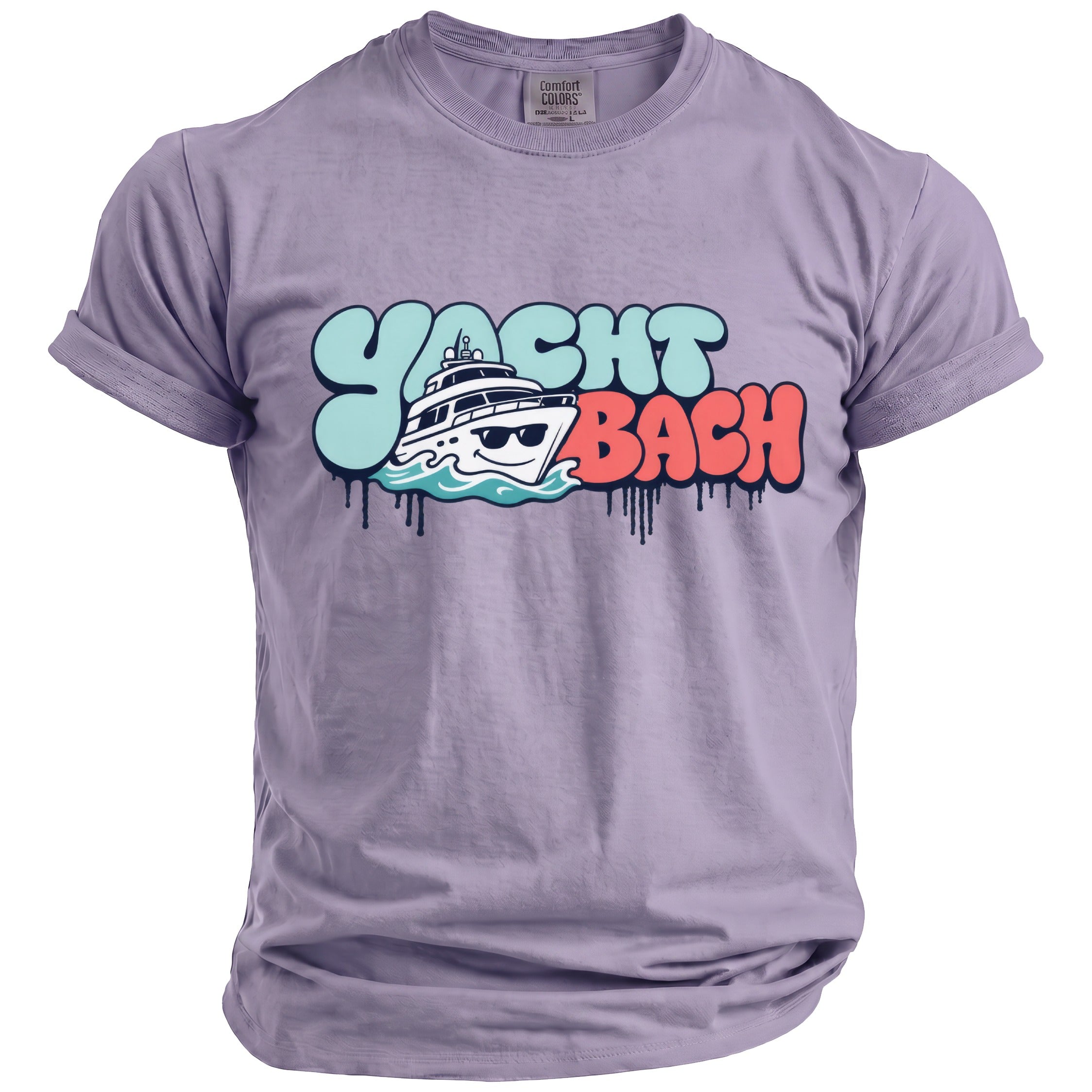 Purple t-shirt with "Yacht Bach" graphic featuring a yacht and dripping paint.