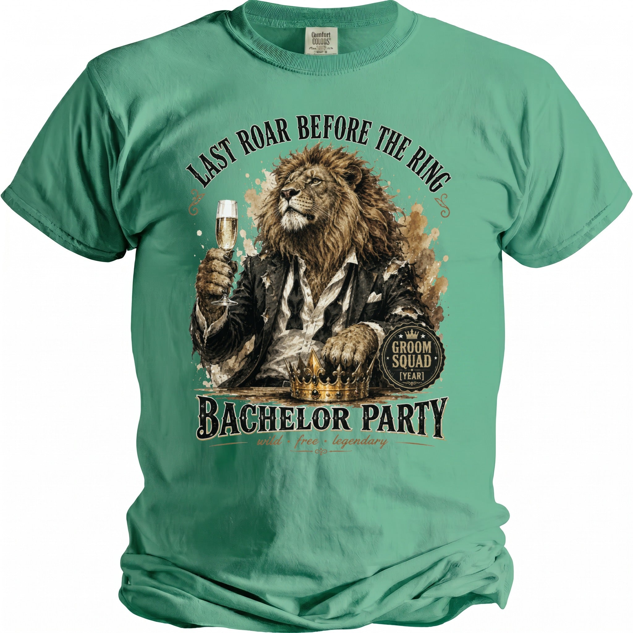 Green t-shirt with lion raising champagne glass and "Last Roar Before the Ring" text.