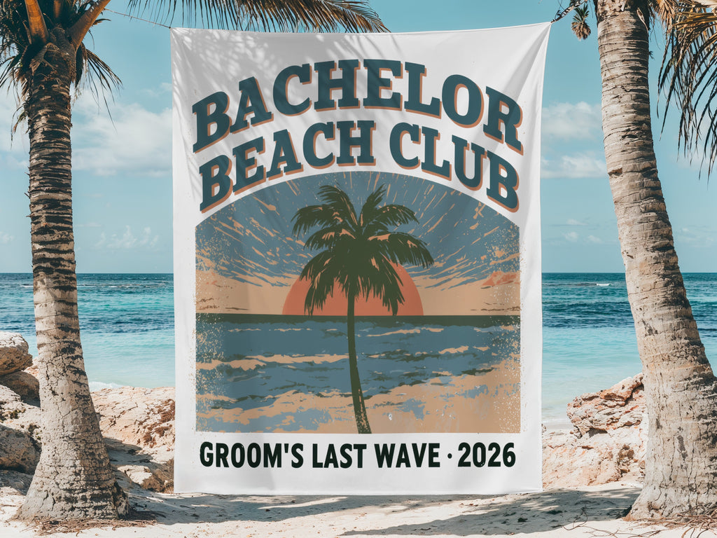 Bachelor Beach Club, Groom's Last Wave 2026 banner with palm trees and ocean background.