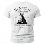 White t-shirt with "Kenneth Last Swing EST. 2026 BEFORE THE RING MIAMI, FL" and golf graphics.