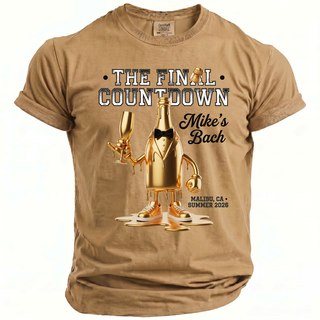 Tan t-shirt with "The Final Countdown" and a golden bottle graphic.
