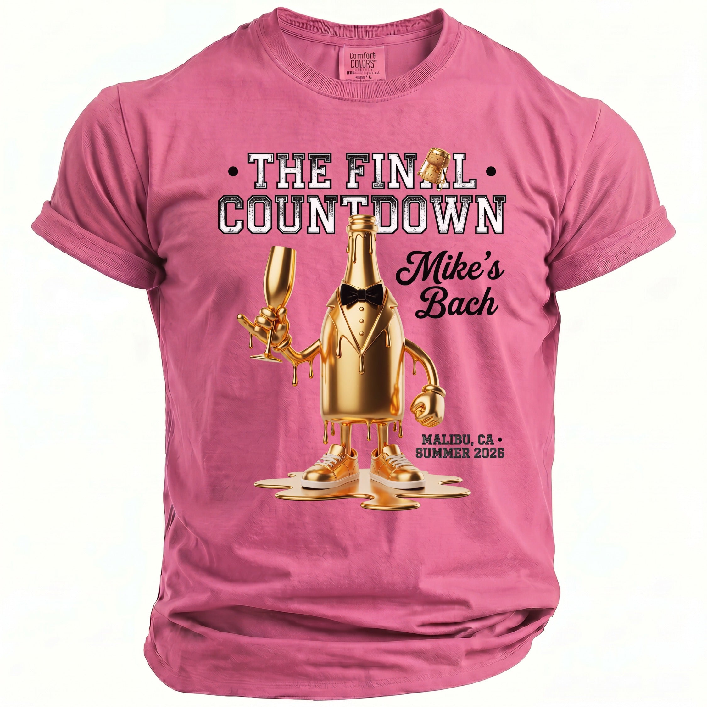 Pink t-shirt with "The Final Countdown" and a gold champagne bottle graphic.