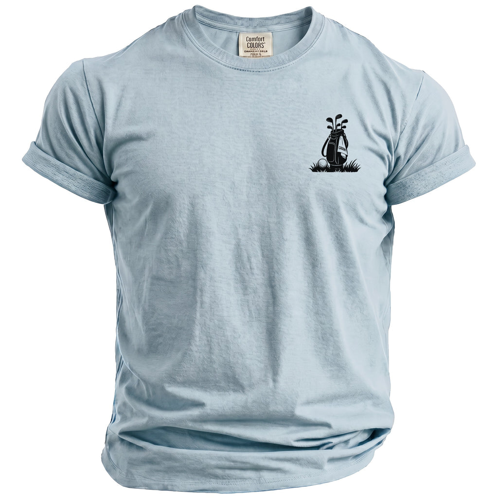 Light blue t-shirt with a black golf bag and clubs graphic on the chest.