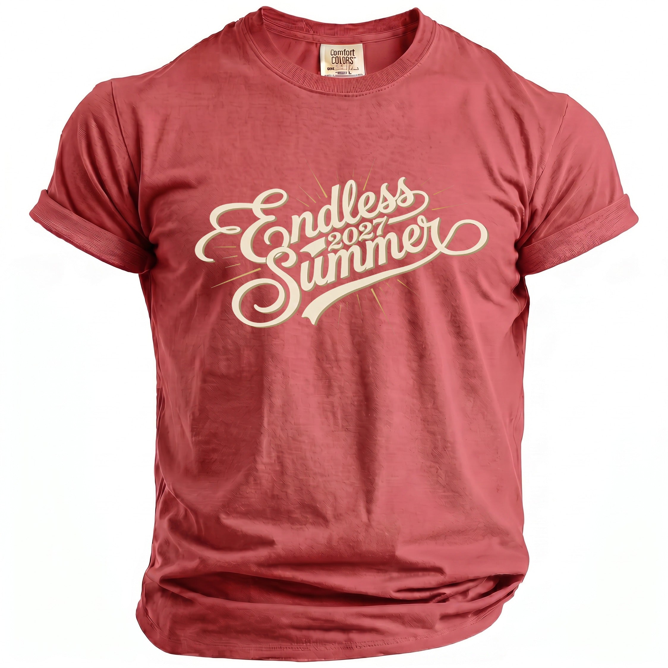Comfort Colors red t-shirt with "Endless Summer 2027" graphic.