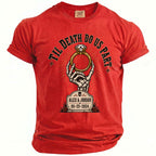 Red t-shirt with skeleton hand holding ring, "Til Death Do Us Part," and "Alex & Jordan 05.25.2024."