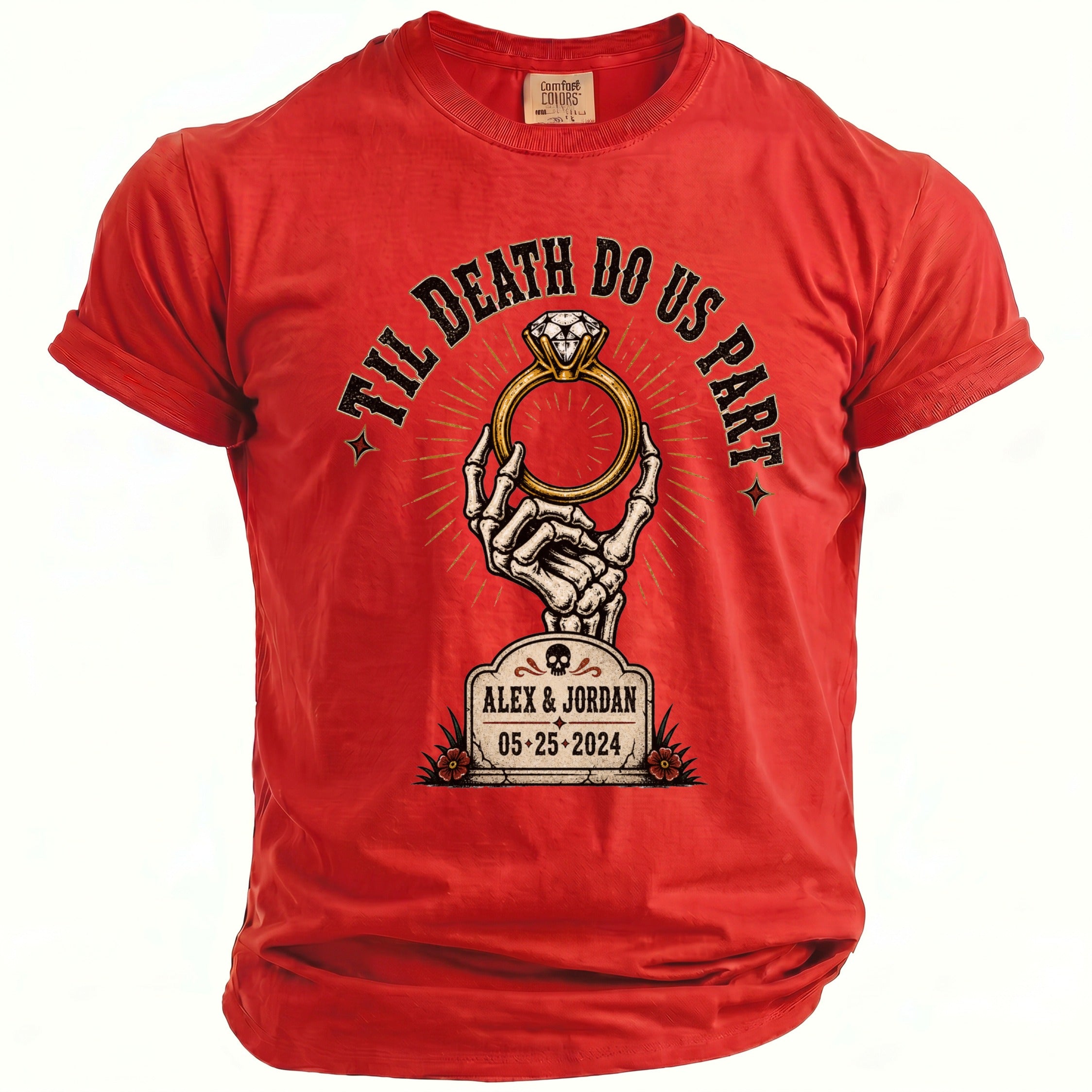 Red t-shirt with skeleton hand holding ring, "Til Death Do Us Part," and "Alex & Jordan 05.25.2024."