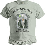 Skeleton in tuxedo holding green drink, "Til Death Do Us Party," "Mike's Bach," Salem, MA October 2026.