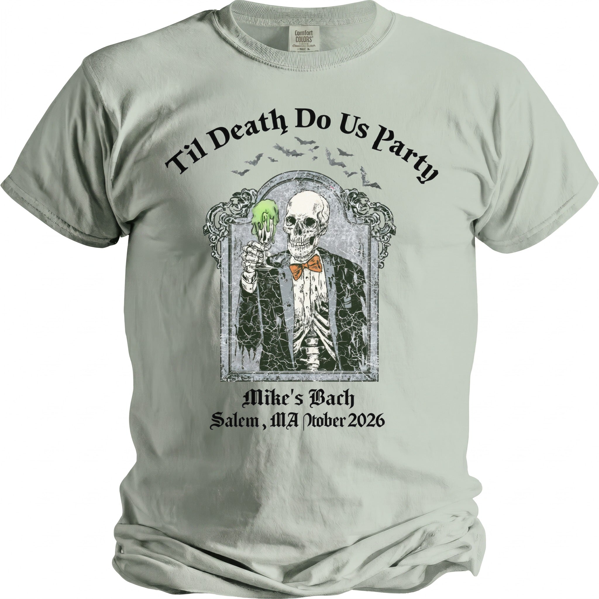 Skeleton in tuxedo holding green drink, "Til Death Do Us Party," "Mike's Bach," Salem, MA October 2026.
