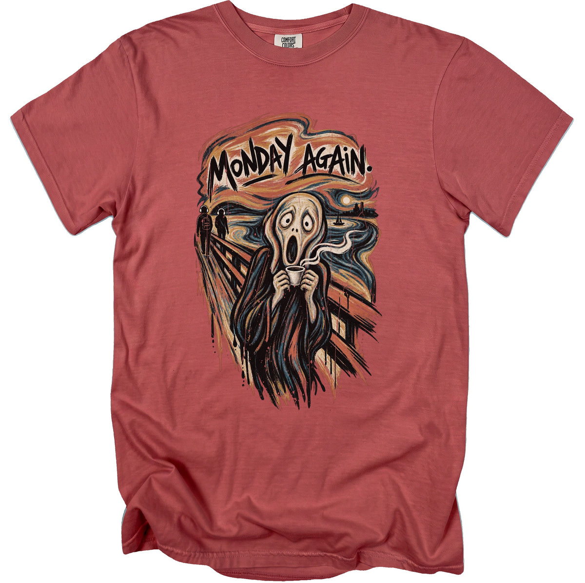 T-shirt with "Monday Again" text and a distressed depiction of "The Scream" holding coffee.