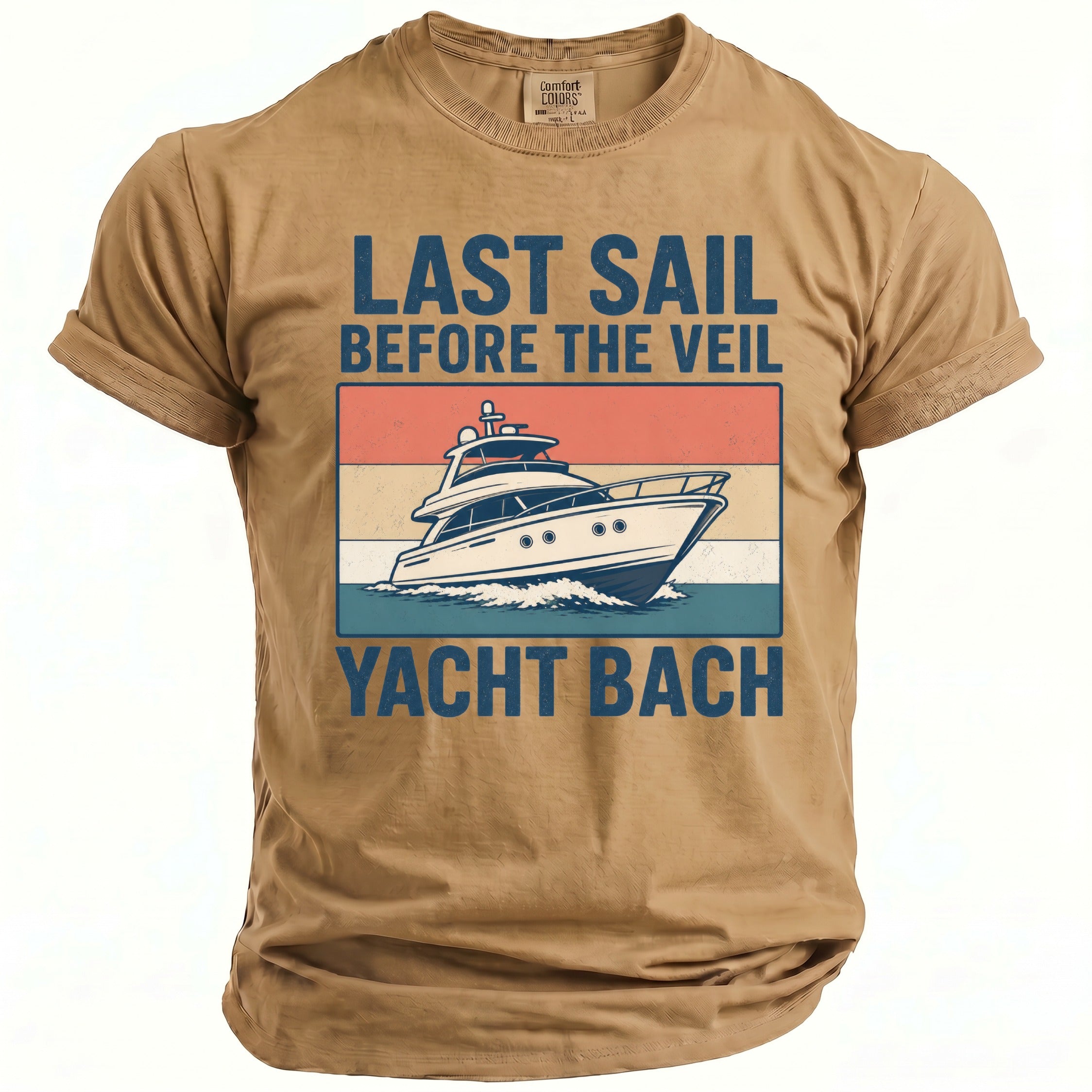 T-shirt with "Last Sail Before The Veil" and a yacht graphic.