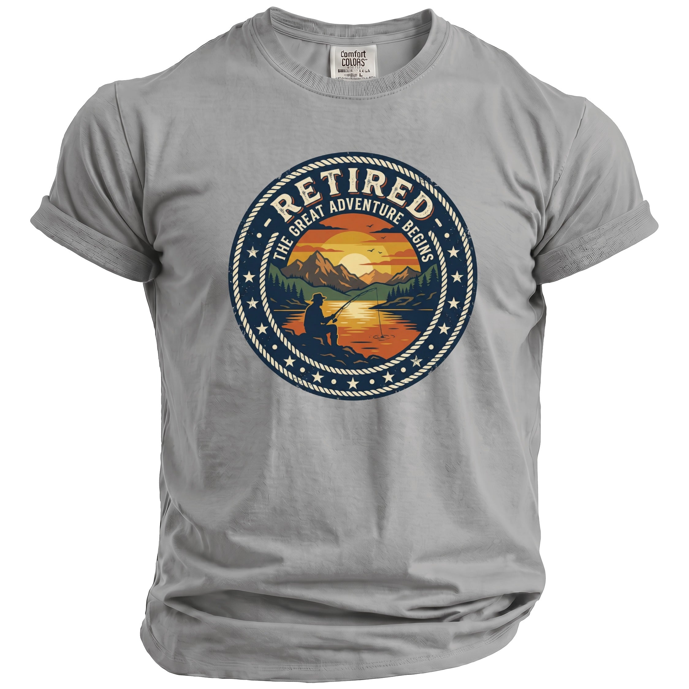 Gray t-shirt with circular graphic: "Retired The Great Adventure Begins" with fishing scene.