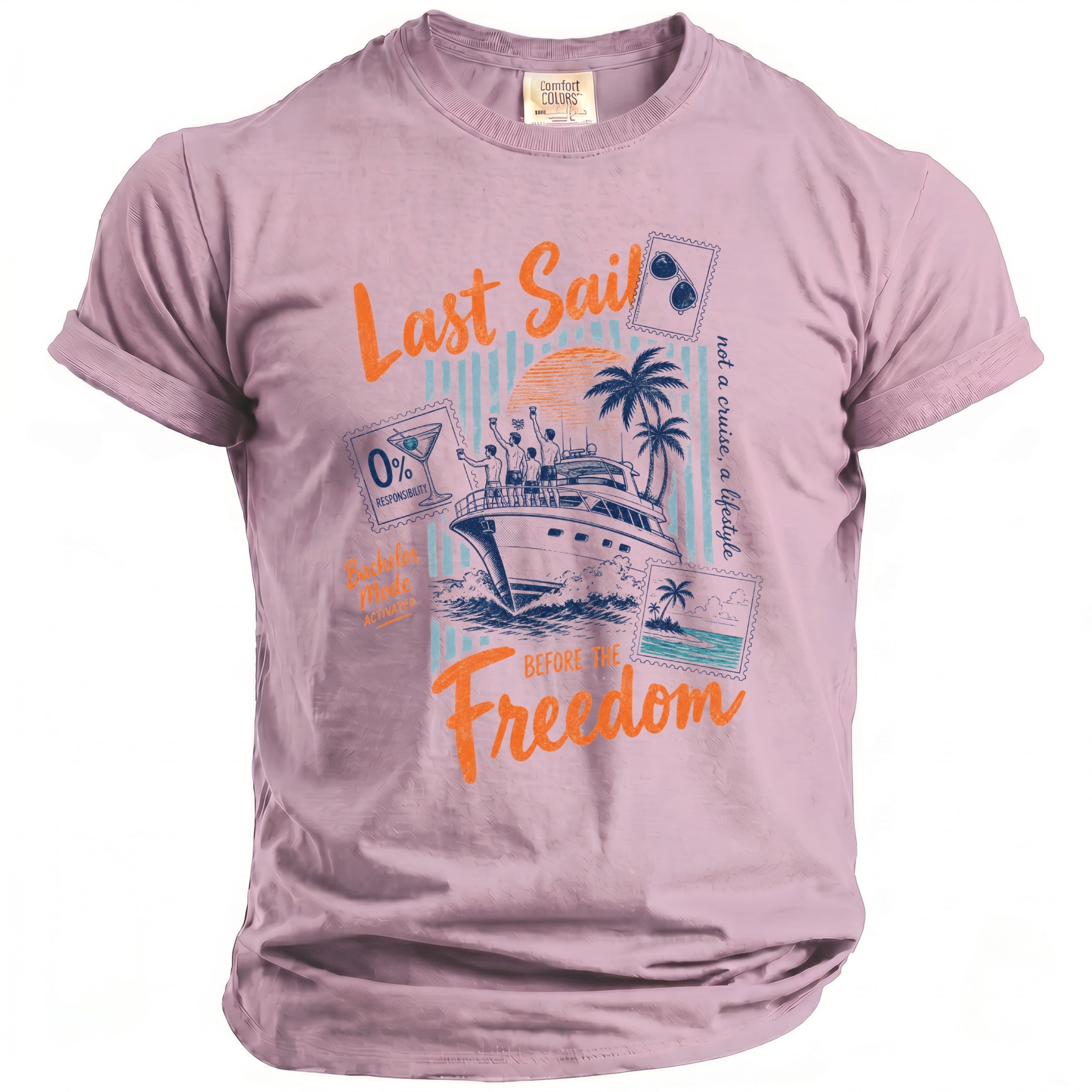 Pink t-shirt with graphic "Last Sail Before the Freedom" and boat party scene.
