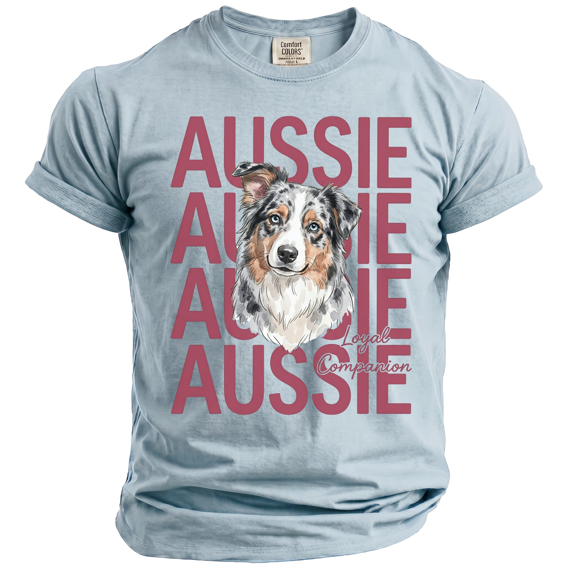 Blue t-shirt with "Aussie" text and an Australian Shepherd dog graphic.