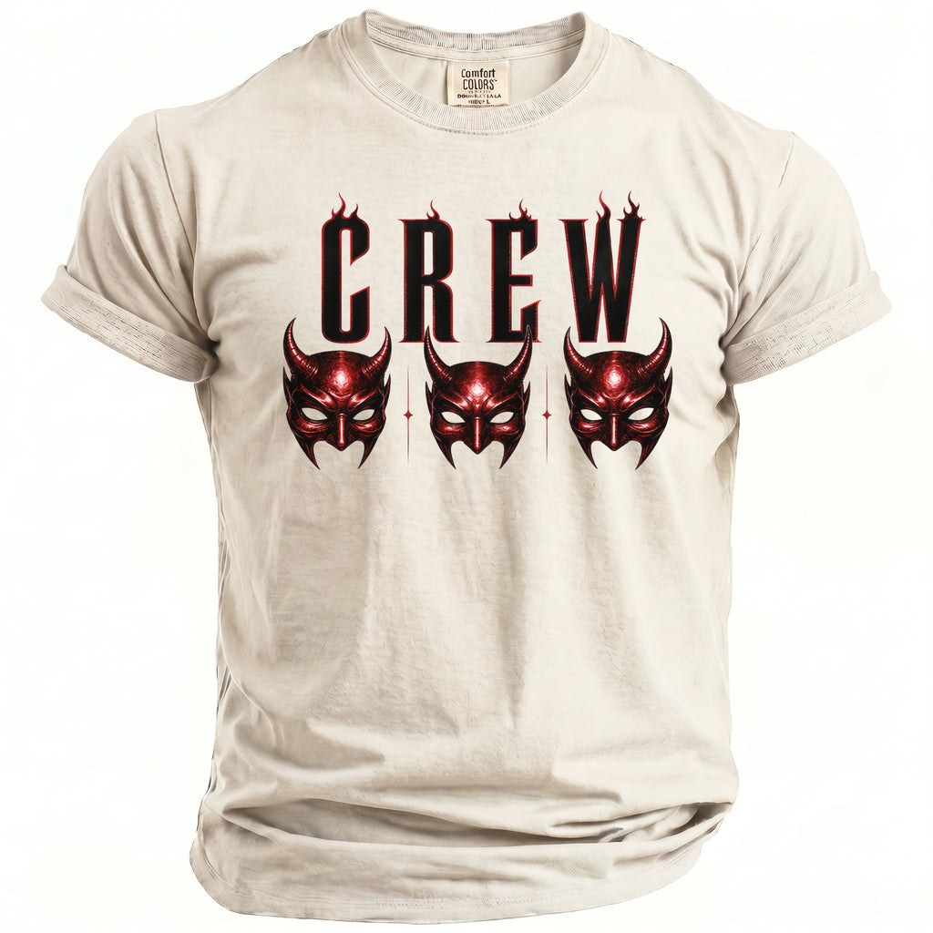 Light tan t-shirt with red "CREW" text and three devil masks.