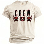 Light tan t-shirt with red "CREW" text and three devil masks.
