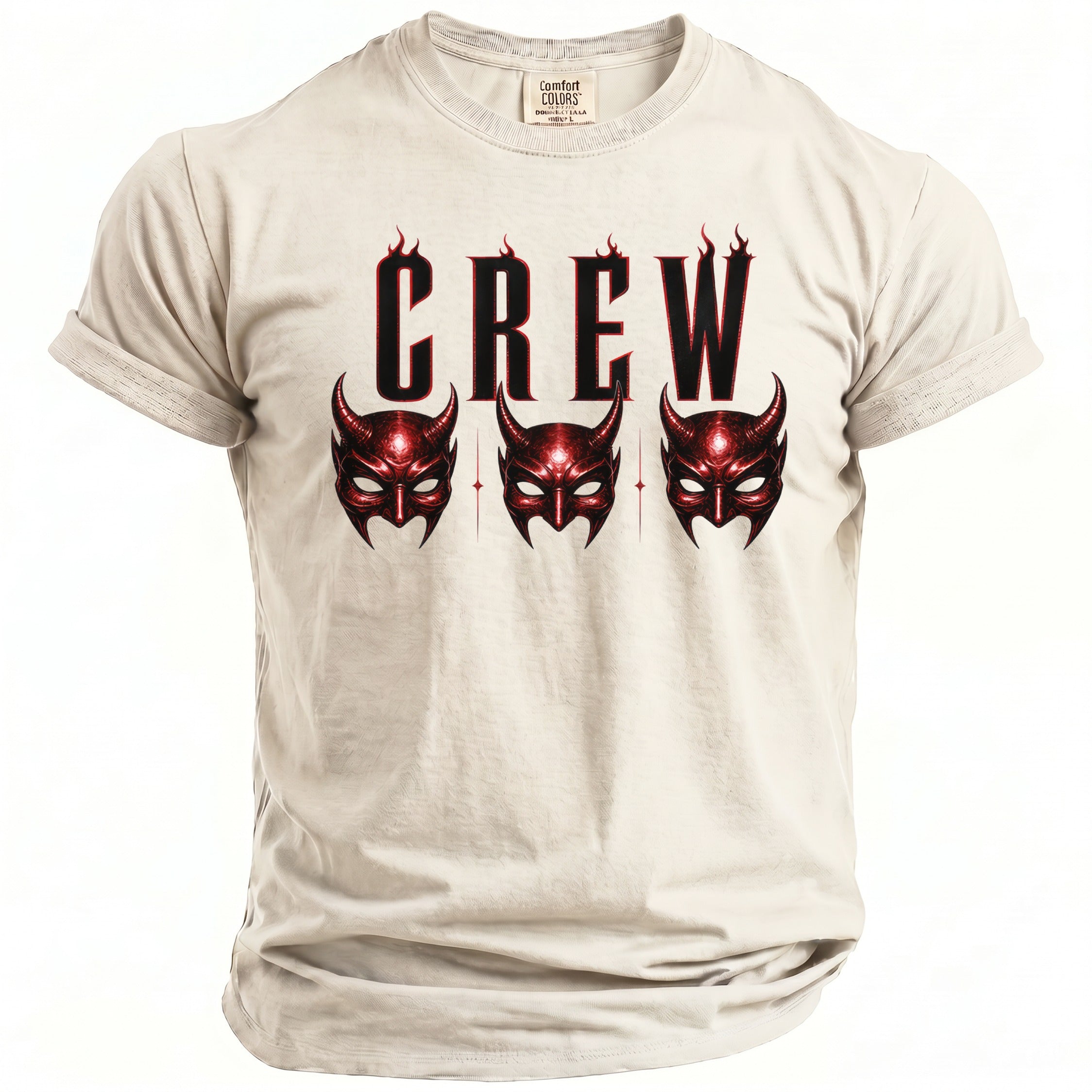 Light tan t-shirt with red "CREW" text and three devil masks.