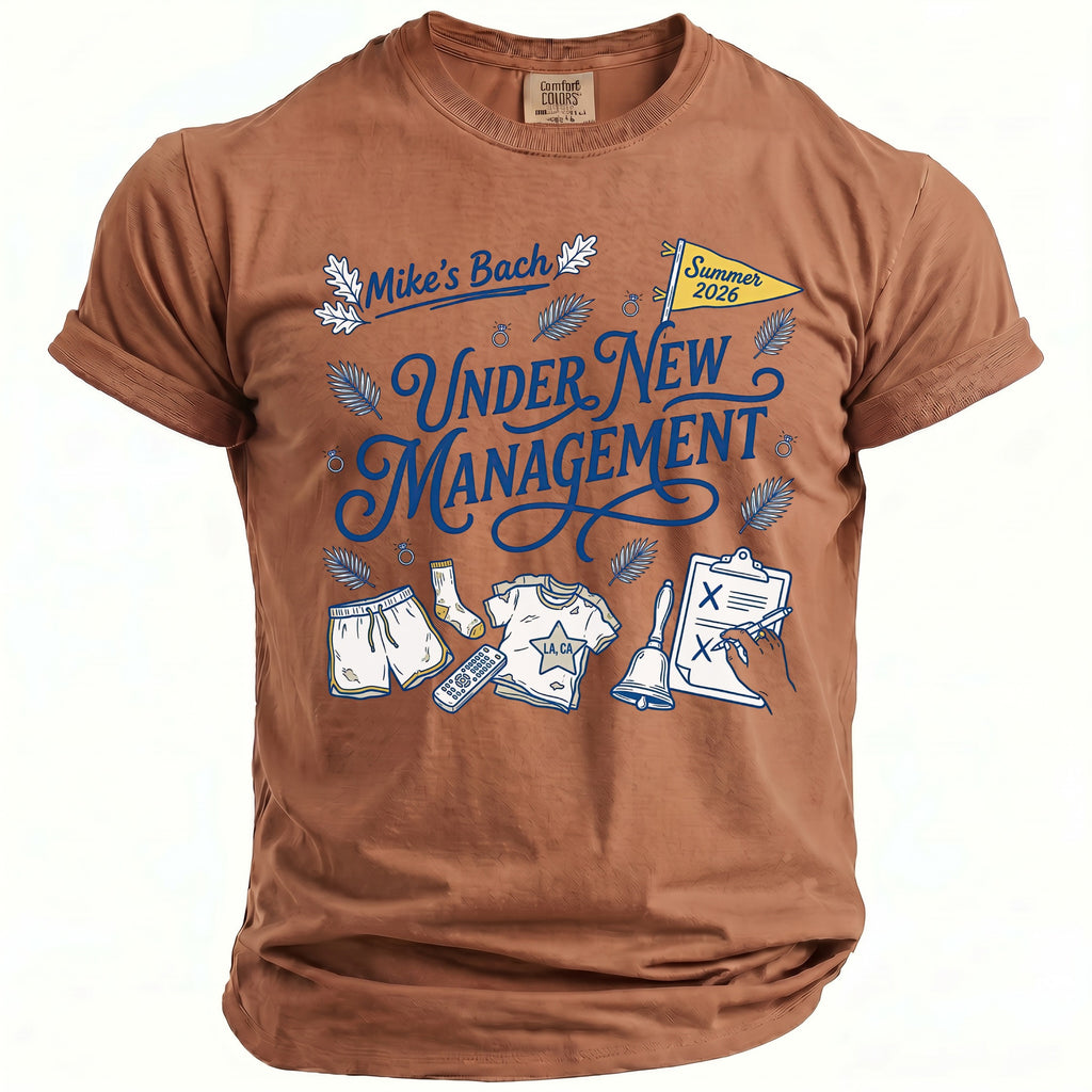 Brown t-shirt with "Mike's Bach Under New Management Summer 2026" graphic.