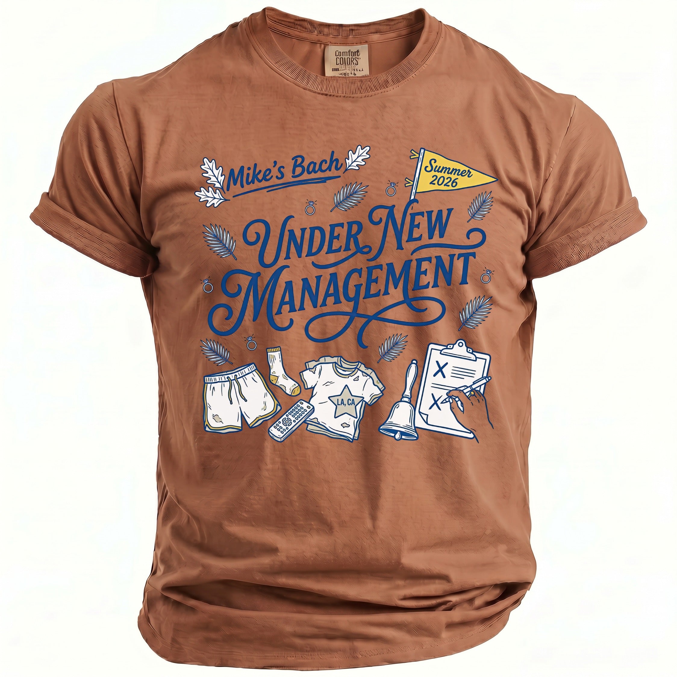 Brown t-shirt with "Mike's Bach Under New Management Summer 2026" graphic.