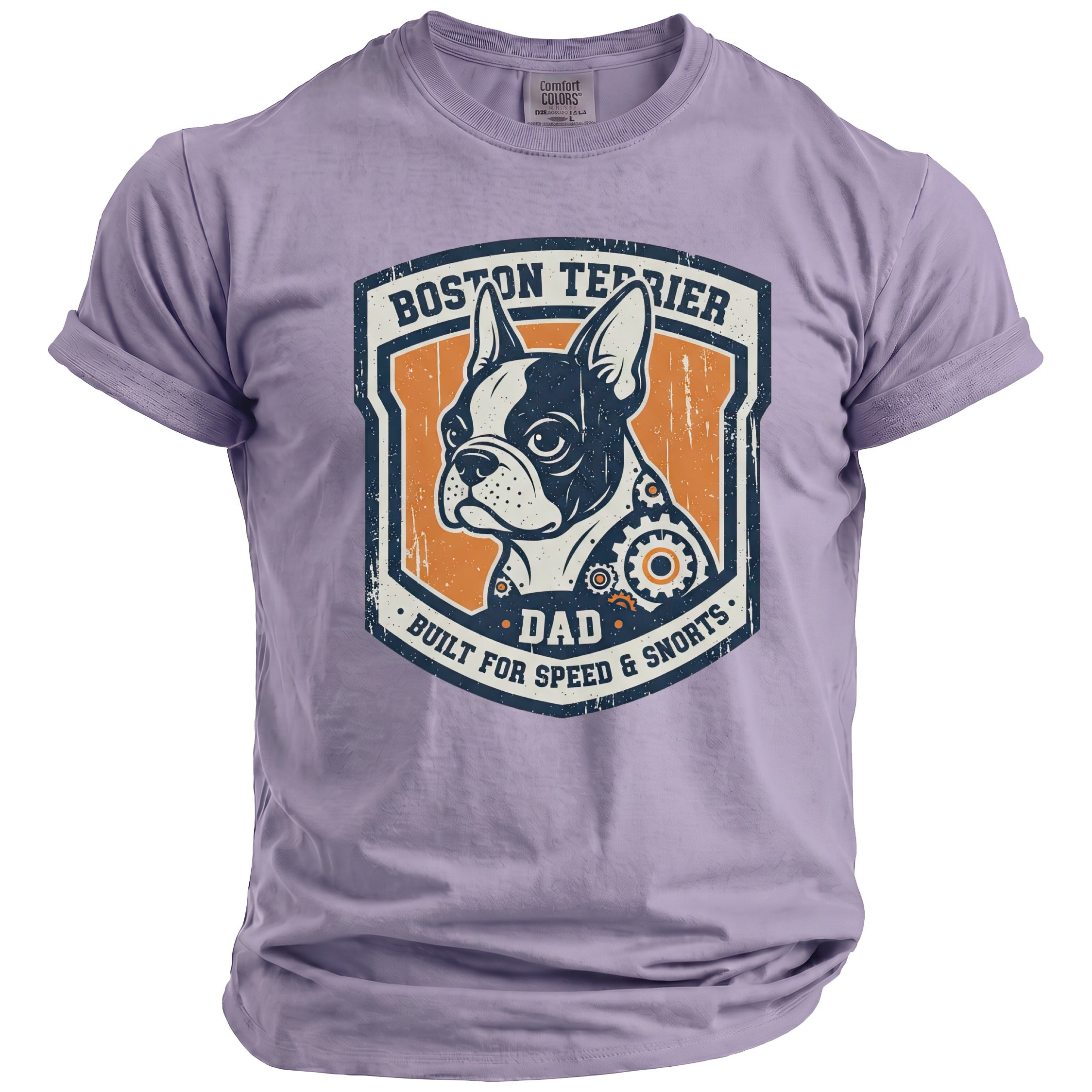 Boston Terrier Dad graphic tee with "Built for Speed & Snorts" text.