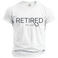 White t-shirt with "RETIRED EST. 2026" and fishing hook graphic.
