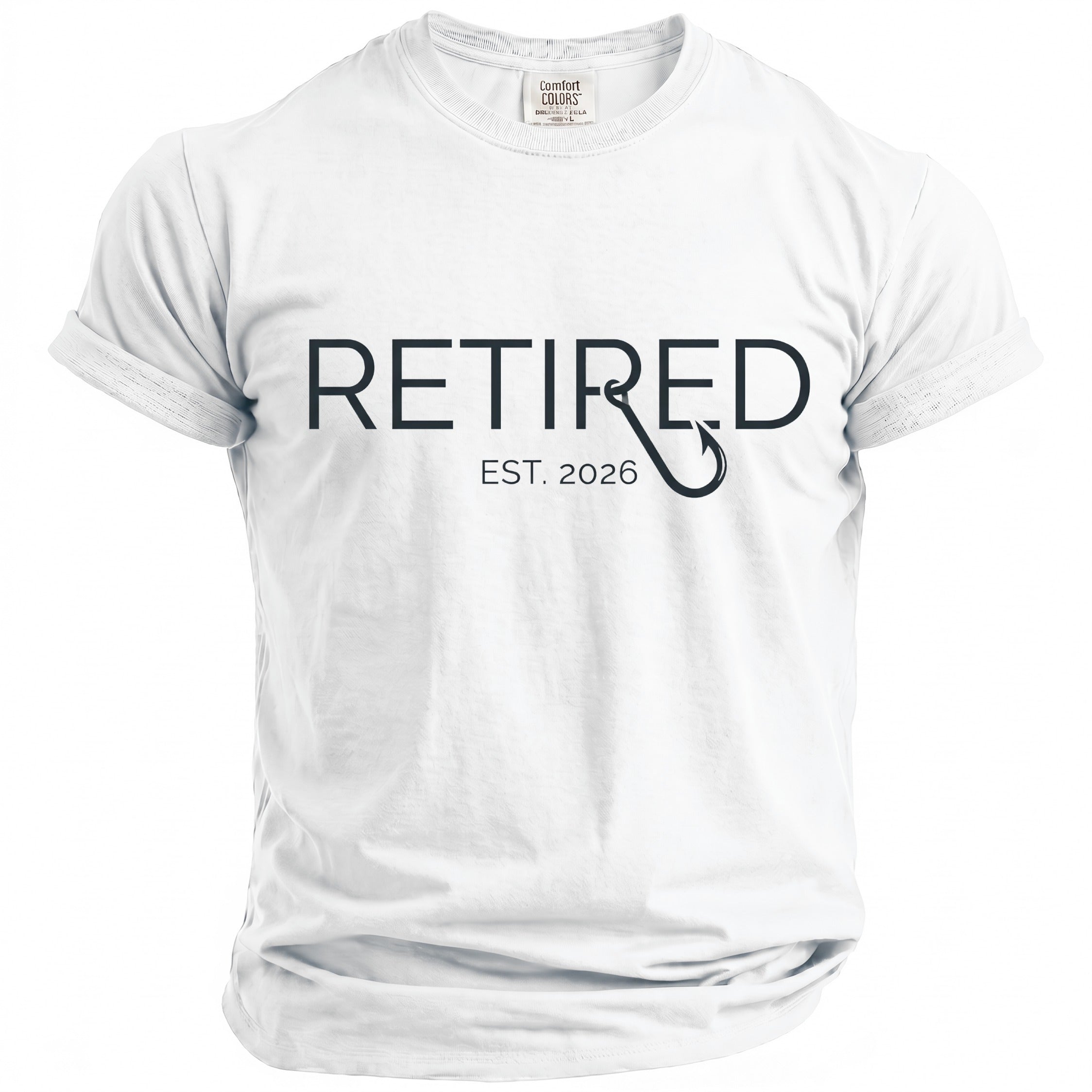 White t-shirt with "RETIRED EST. 2026" and fishing hook graphic.